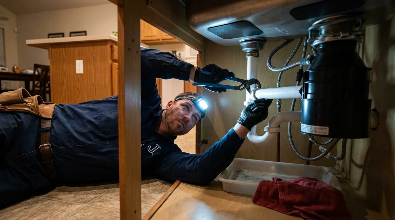 P-trap and supply line connections under a kitchen sink showing a common leak point in Alexandria, MN